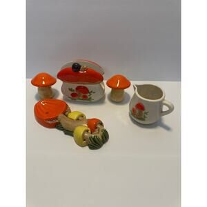 Vintage Mushroom Kitchen Set Napkin, Salt & Pepper Shakers, Creamer, Spoon Rest